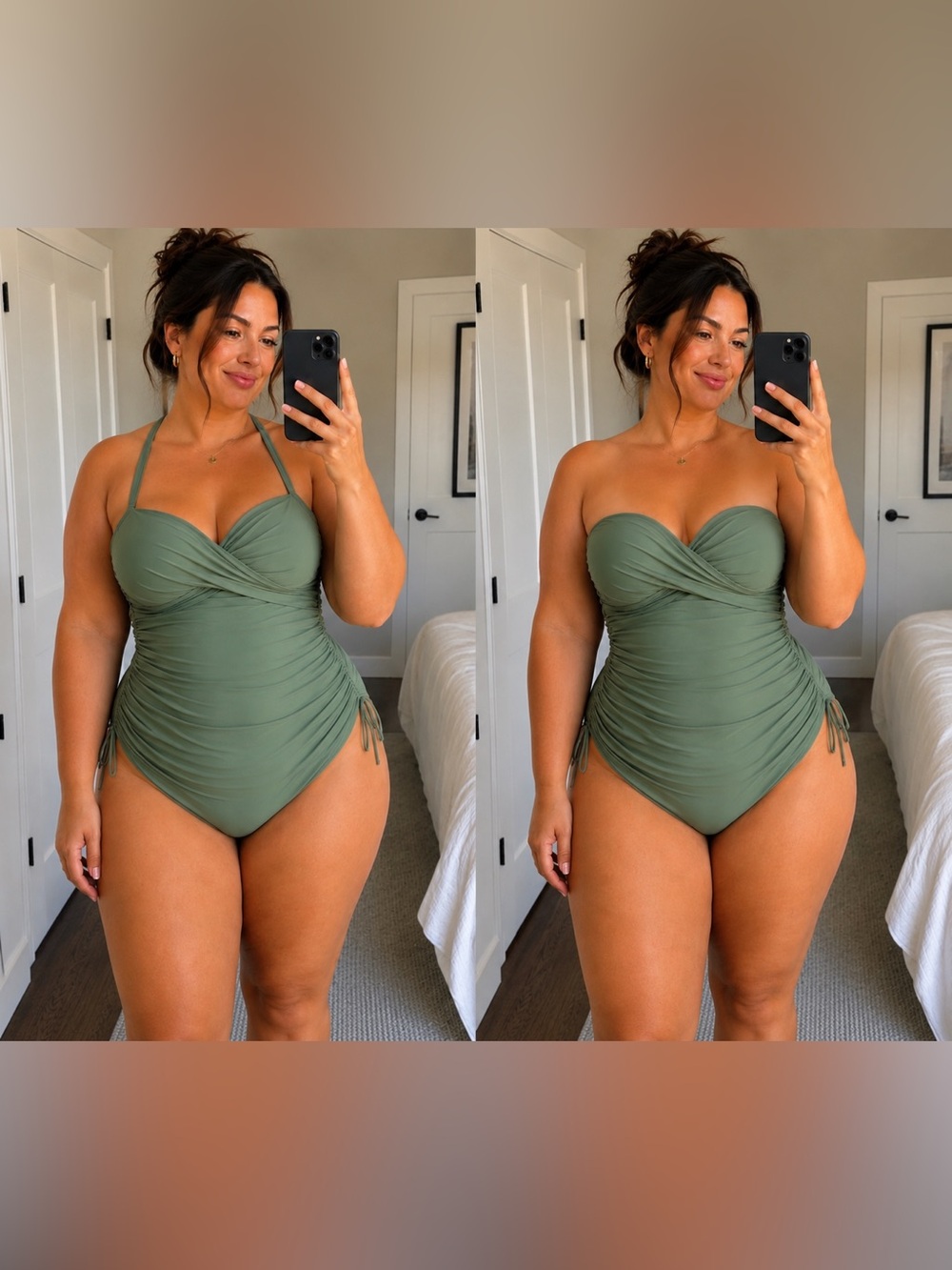 Olive Green Ruched One-Piece Swimsuit